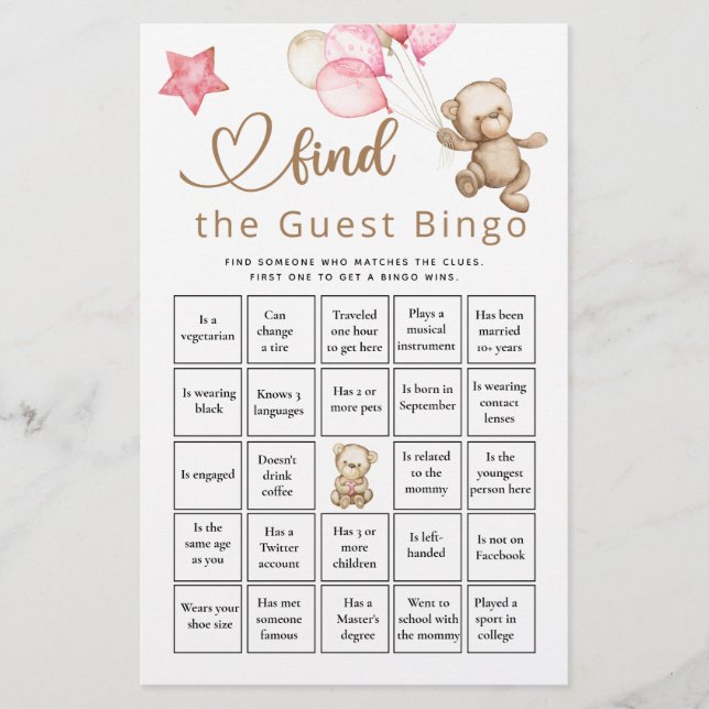 Finden Sie das Bingo Baby Bear Baby Shower Game (Vorderseite)