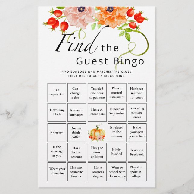 Finden Sie das Bingo Pumpkin Baby Shower Game (Vorderseite)