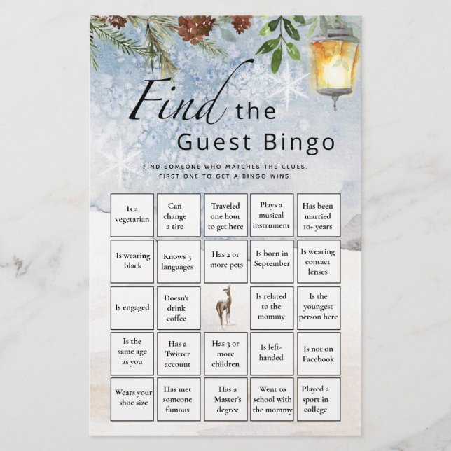 Finden Sie das Bingo Winter Baby Shower Game (Vorderseite)