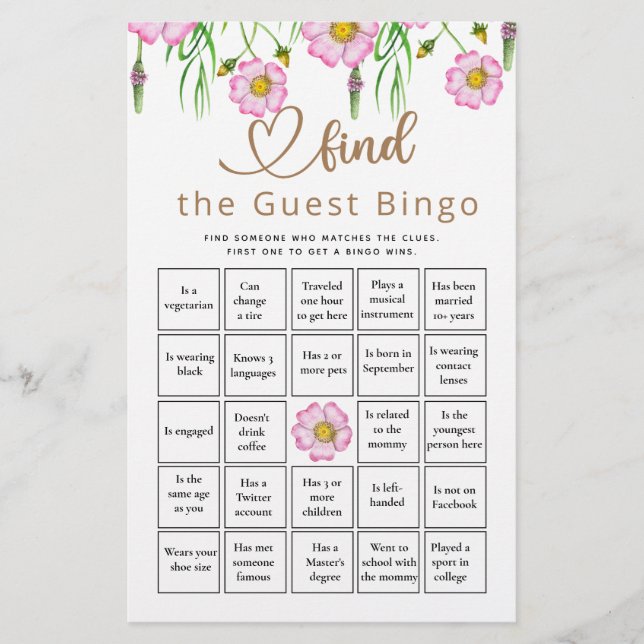 Finden Sie das Guest Bingo Wildblumen Baby Shower  (Vorderseite)