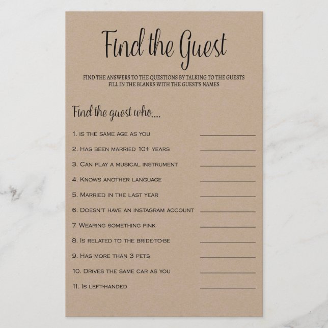 Finden Sie das Rustic Kraft Brautparty Game (Vorderseite)