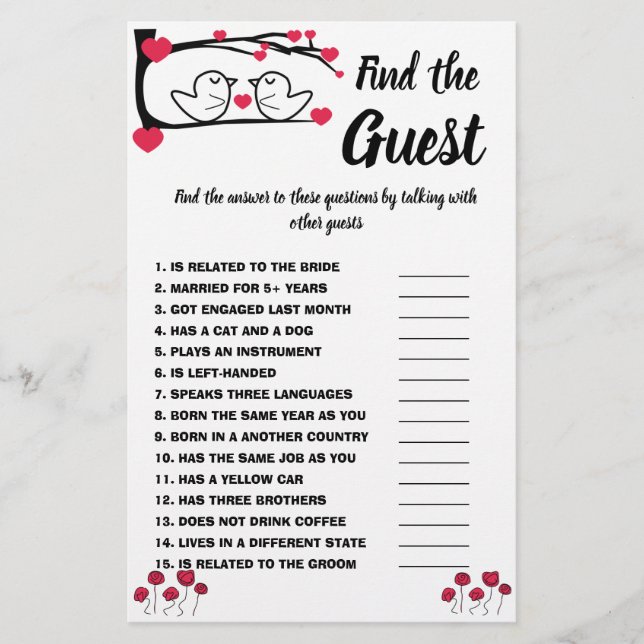 Finden Sie den Gast Brautparty Game Card Love Bird Flyer (Vorne)