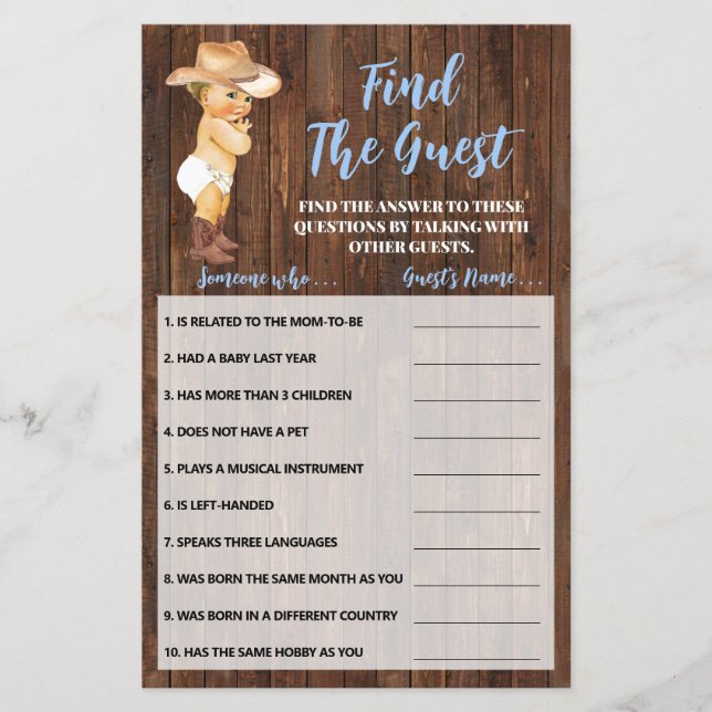 Finden Sie die Cowboy Baby Shower Game Card Flyer (Vorne)