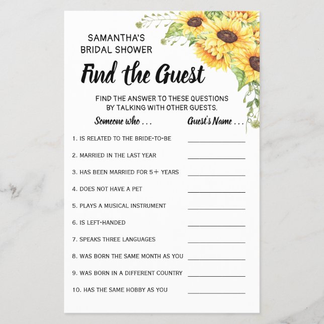 Finden Sie die Gast Sunflowers Brautparty Spielkar Flyer (Vorne)