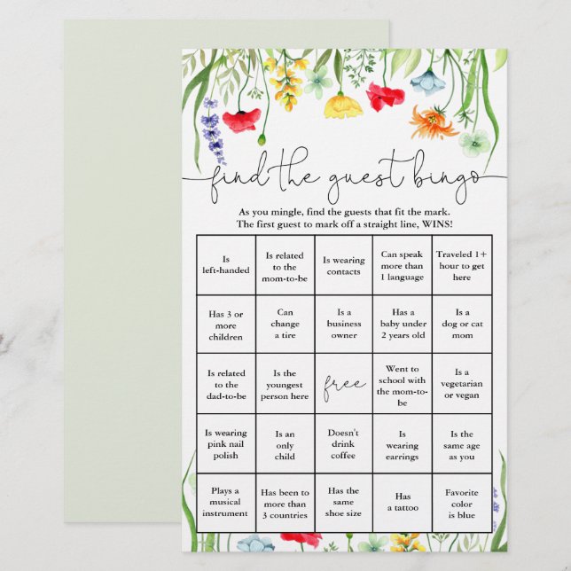 Finden Sie die Gäste bingo farbenfrohe Wildblumen (Vorne/Hinten)