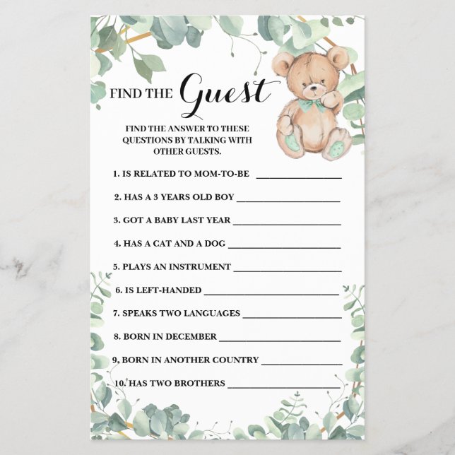 Finden Sie die Gästebar Greenery Baby Shower Game  Flyer (Vorne)