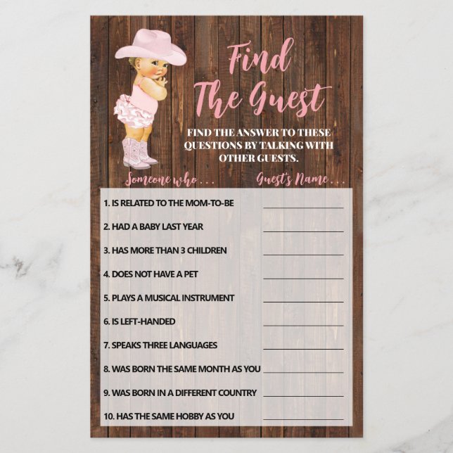 Finden Sie die Gästebuchskarte Cowgirl Baby Shower Flyer (Vorne)