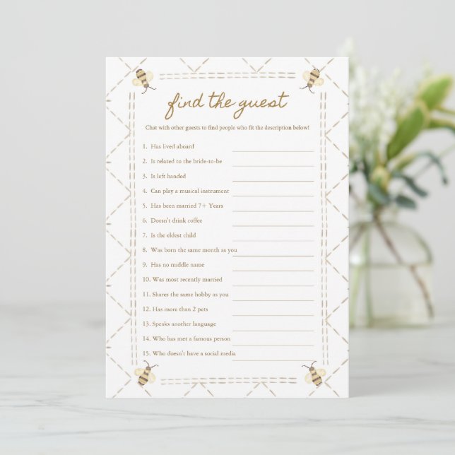 Finden Sie die Honey Bee Baby Shower Game Cards Einladung (Stehend Vorderseite)