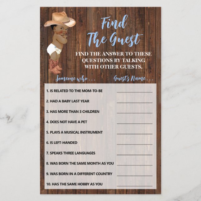 Finden Sie die OM Cowboy Baby Shower Game Card Flyer (Vorne)