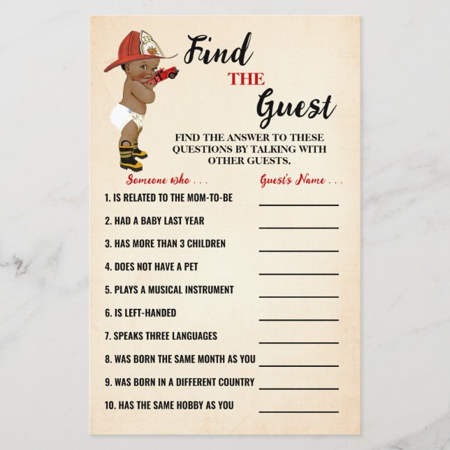 Finden Sie die OM Fireman Baby Shower Game Card Flyer (Vorne)