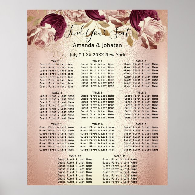 Finden Sie Ihr Sitzdiagramm für Hochzeiten Rose 11 Poster (Vorne)