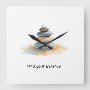 Finden Sie Ihre Balance Watercolour Zen Stein-Stac Quadratische Wanduhr