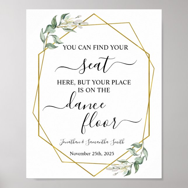 Finden Sie Ihren Sitz Hochzeitsempfang Grün Gold Poster (Vorne)
