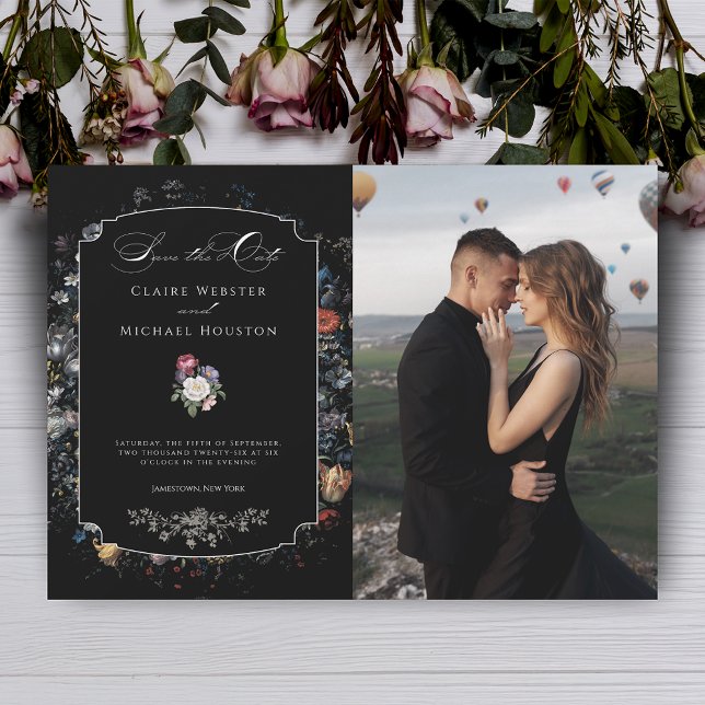 Fine Art Black Floral Calligraphy/Foto Save The Date (Von Creator hochgeladen)