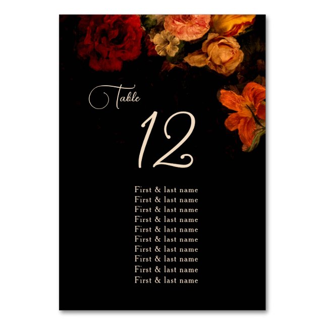 Fine Art Dark Moody Floral Wedding  Seating Chart Tischnummer (Vorderseite)