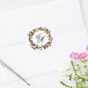 Fine Art Floral Wreath Monogram Runder Aufkleber