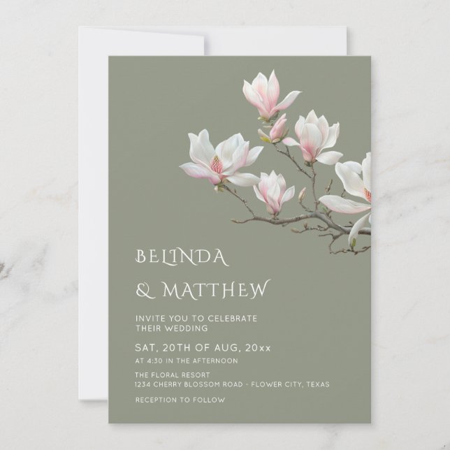 Fine Art Magnolia Casual Sage Green Wedding Einladung (Vorderseite)