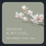 Fine Art Magnolia Wedding  Quadratischer Aufkleber<br><div class="desc">Fine art magnolia sage green wedding sticker with bride and groom names and your wedding date.</div>