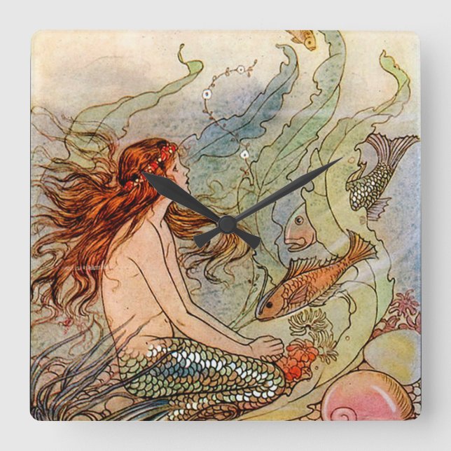 Fine Art Mermaid Ilustration Poster Quadratische Wanduhr (Vorderseite)
