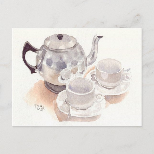 Fine Art Postcard - Tee Set, Aquarell Postkarte (Vorderseite)