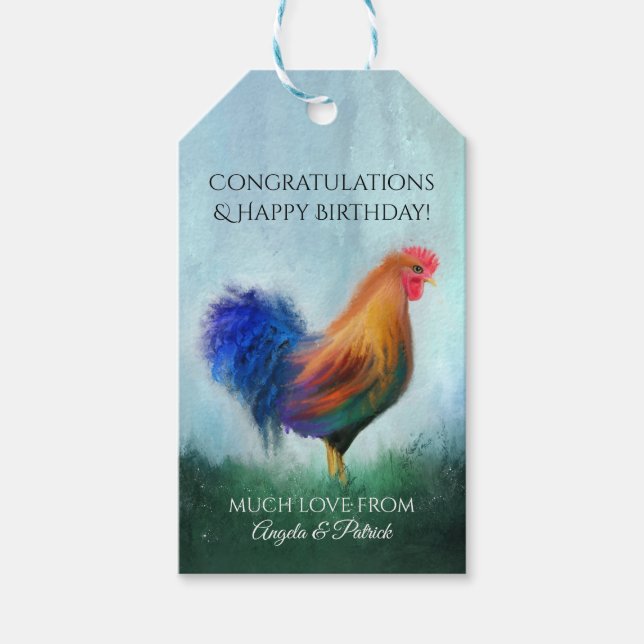 Fine Art Rooster Painting Herzlichen Glückwunsch T Geschenkanhänger (Vorderseite)