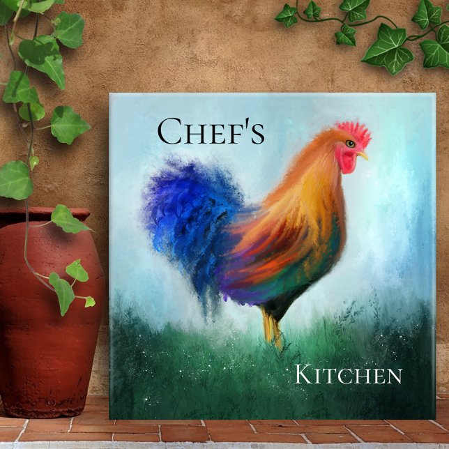 Fine Art Rooster Painting Kitchen Tile Fliese (Kitchen tile featuring a colorful fine art painting of a rooster)