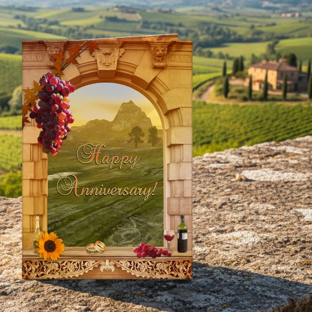 Fine Art Vineyard Anniversary Congratulations Karte (Anniversary congratulations card in classic Italian vintage style with a vineyard theme)