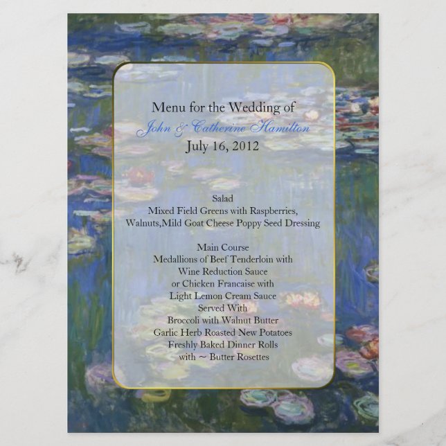 Fine Art Water Lys Mariage Table Menu (Devant)