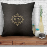 Fine Filigree Gold Wedding ID871 Kissen<br><div class="desc">Delicate filigree frames, borders and ornaments, textured in faux gold foil, decorate the pieces of this elegant wedding suite. This simple but elegant throw pillow features a scrollwork frame to hold your initials and wedding date. Choose any background color or leave the warm charcoal, textured-effect we've supplied. Add your initials...</div>