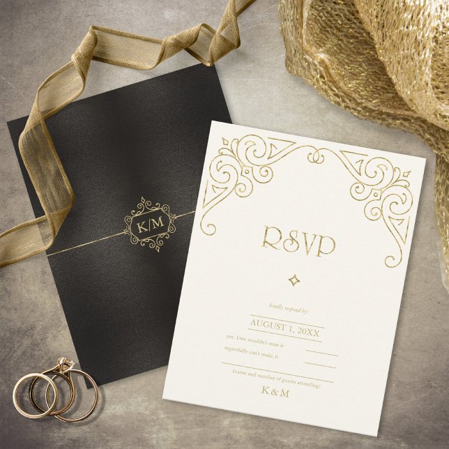 Fine Filigree Gold Wedding ID871 RSVP Karte (Von Creator hochgeladen)