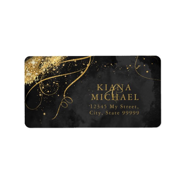 Fine Lines Gold Abstrakt Wedding Black ID867 Adressaufkleber (Vorne)