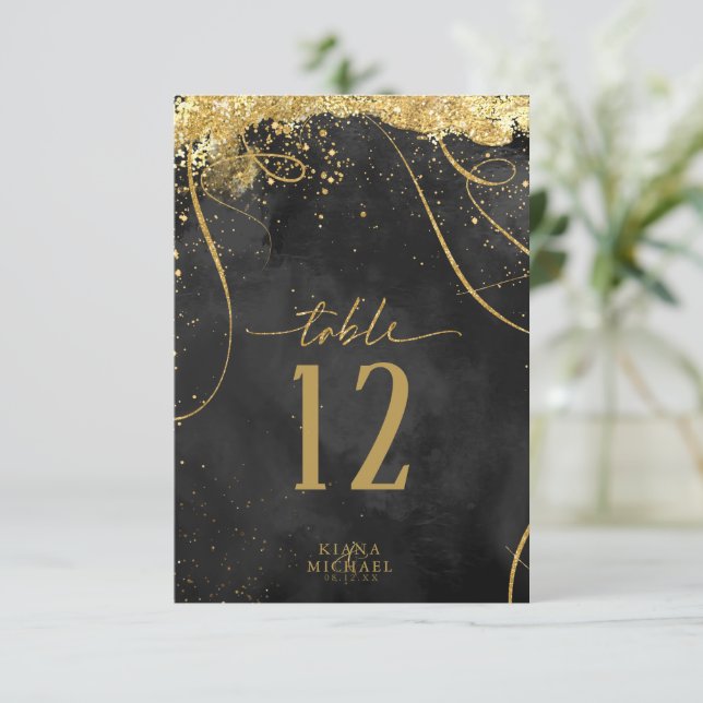Fine Lines Gold Abstrakt Wedding Black ID867 Einladung (Stehend Vorderseite)