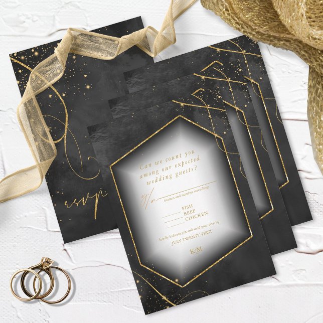 Fine Lines Gold Abstrakt Wedding Black ID867 RSVP Karte (Von Creator hochgeladen)