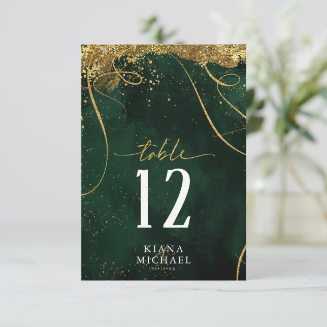 Fine Lines Gold Abstrakt Wedding Emerald ID867 Einladung (Stehend Vorderseite)