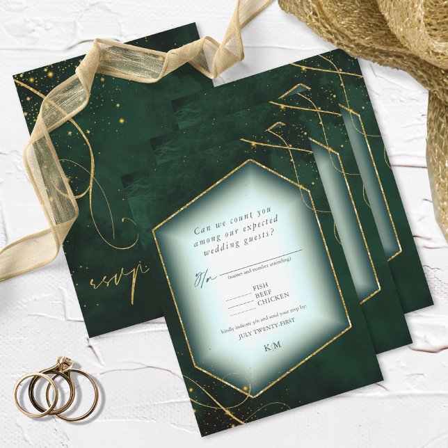 Fine Lines Gold Abstrakt Wedding Emerald ID867 RSVP Karte (Von Creator hochgeladen)