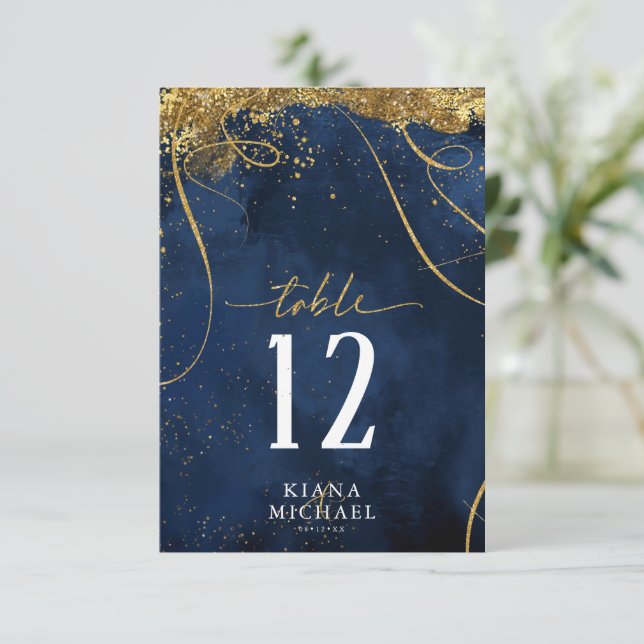 Fine Lines Gold Abstrakt Wedding Navy ID867 Einladung (Stehend Vorderseite)