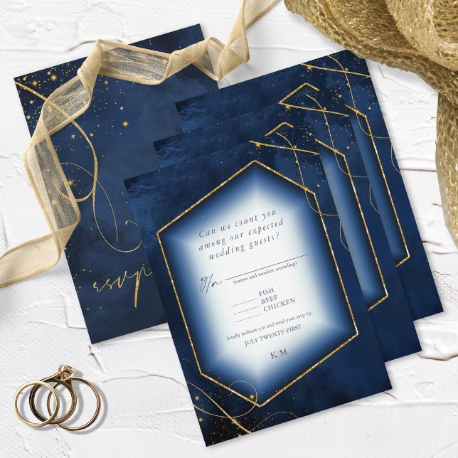 Fine Lines Gold Abstrakt Wedding Navy ID867 RSVP Karte (Von Creator hochgeladen)