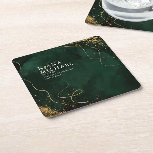 Fine Lines Gold Abstrakt Wedding V1 Emerald ID867 Rechteckiger Pappuntersetzer (angewinkelt)
