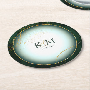 Fine Lines Gold Abstrakt Wedding V3 Emerald ID867 Runder Pappuntersetzer
