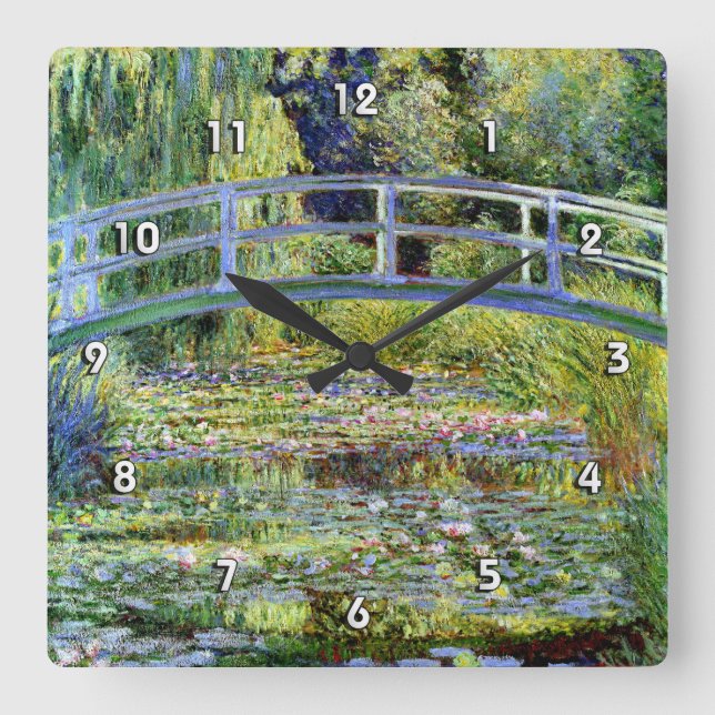 Fine Monet Japanese Bridge & Water-Lily Pond Quadratische Wanduhr (Vorderseite)