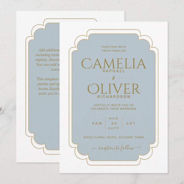 Finest Dusty Blue Gold MONOCHROME Wedding Einladung (Vorne/Hinten)