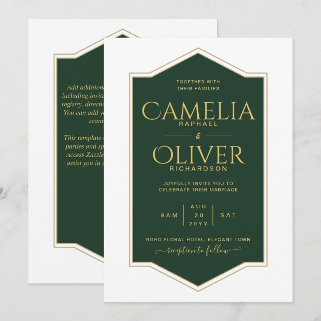 Finest Emerald Green Gold MONOCHROME Hochzeit Einladung (Vorne/Hinten)