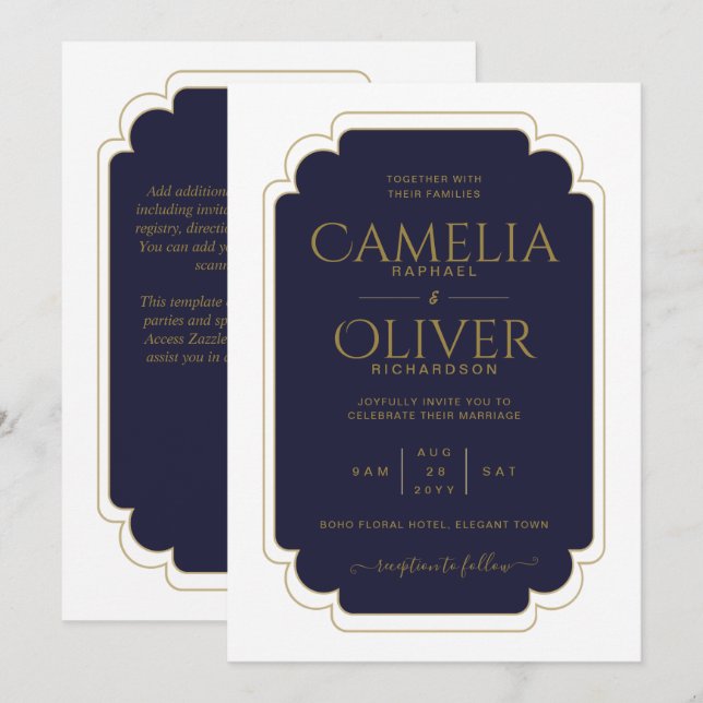 Finest Navy Blue Gold MONOCHROME Hochzeit Einladung (Vorne/Hinten)