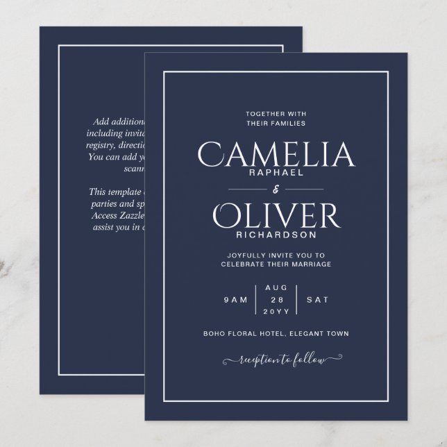 Finest Navy Blue White MONOCHROME Hochzeit Einladung (Vorne/Hinten)