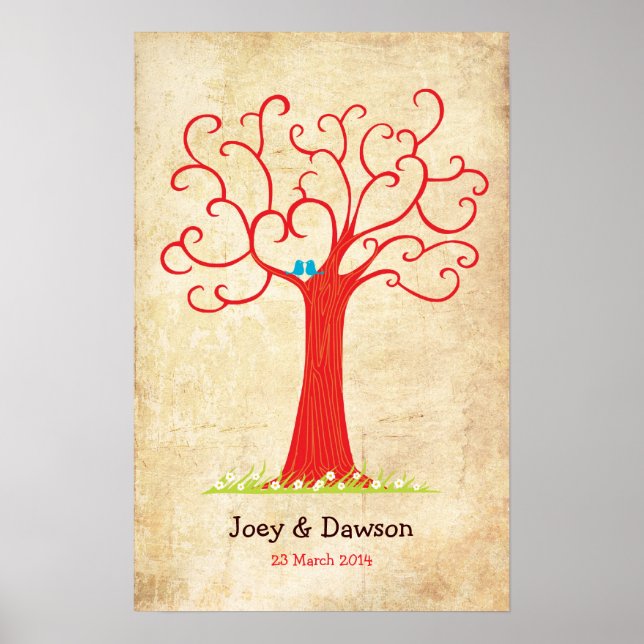 Fingerabdruck-Baum Hochzeit Heartastic (rot Vintag Poster (Vorne)