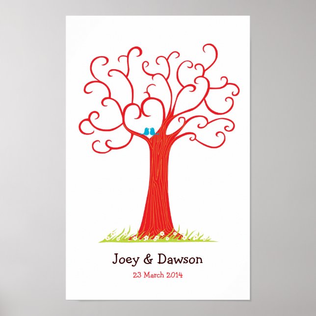 Fingerabdruckbaum Hochzeit Herz (rot) Poster (Vorne)