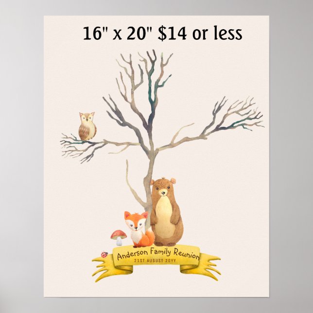 Fingerprint Tree Baby Shower WOODLAND Animals Poster (Vorne)
