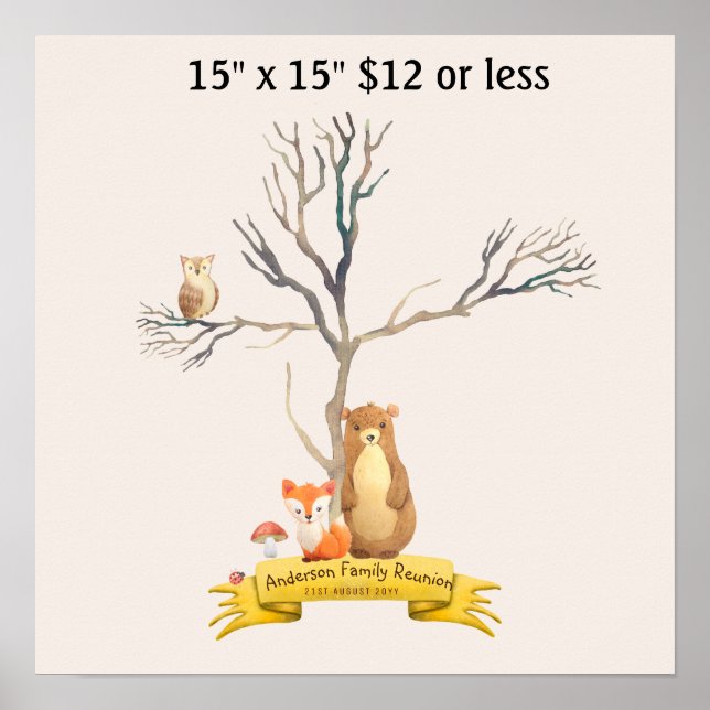 Fingerprint Tree Baby Shower WOODLAND Tiere Poster (Vorne)