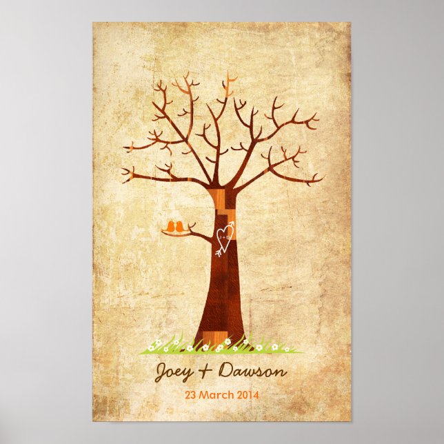 Fingerprint Tree Wedding Guestbook (Vintag) Poster (Vorne)