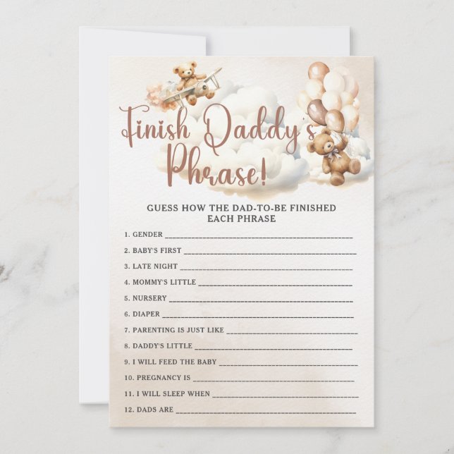 FINISH DADDY'S PHRASE Baby Shower Game Niedlich Be Einladung (Vorderseite)